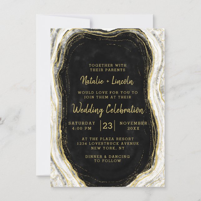 Invitation Noir Blanc & Or Géode Agate Marbre Mariage (Devant)