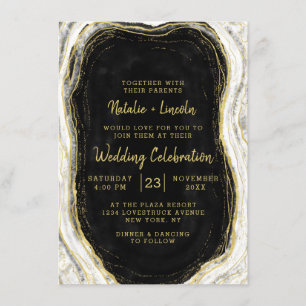 Invitation Noir Blanc & Or Géode Agate Marbre Mariage