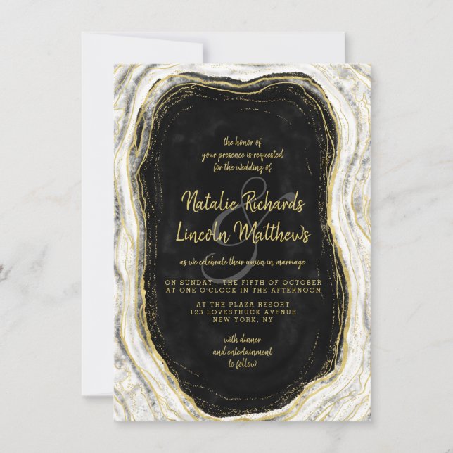 Invitation Noir Blanc & Or Géode Agate Marbre Mariage (Devant)