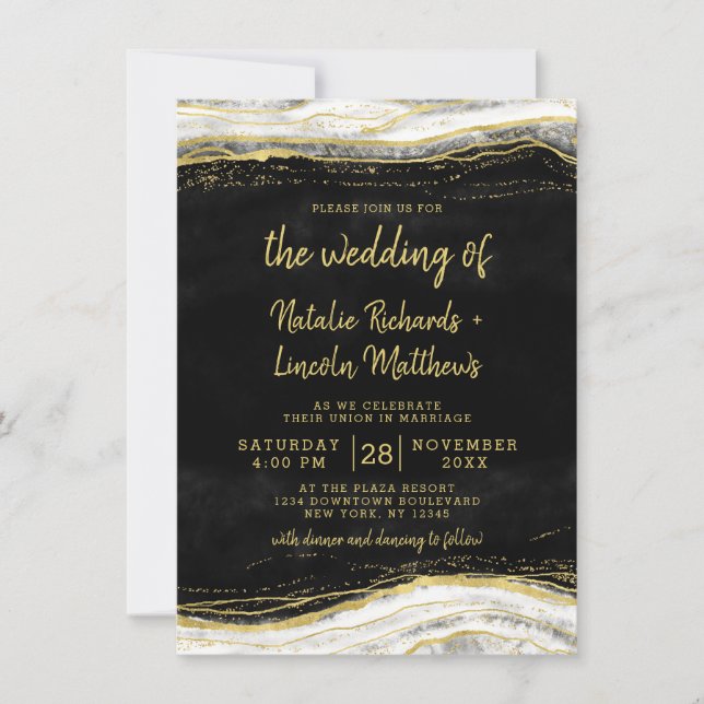 Invitation Noir Blanc & Or Géode Agate Marbre Mariage (Devant)