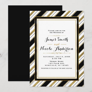 Invitation Noir Blanc & Or Horizontal Chic Stripes Mariage