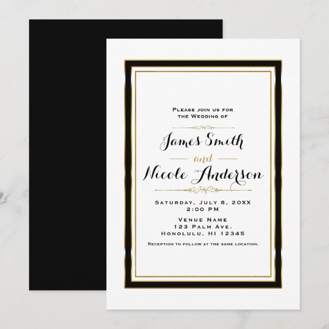Invitation Noir Blanc & Or Minimal Chic Mariage élégant (Devant / Derrière)