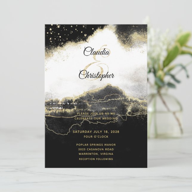 Invitation Noir Blanc & Or Moderne Mariage élégant (Debout devant)