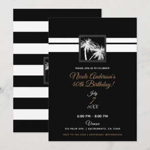 Invitation Noir Blanc Palmiers Tropicaux Moderne Anniversaire
