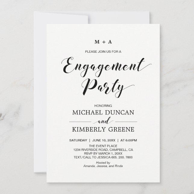 Invitation Noir & Blanc | Parti d'engagement moderne chic (Devant)
