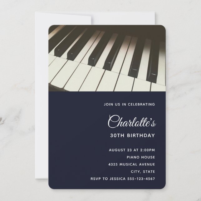 Invitation Noir & Blanc Piano Keys Photographie Anniversaire (Devant)