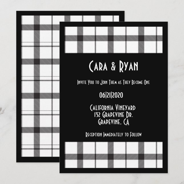 Invitation Noir, Blanc, Plaid, Classique, Chic, Mariage moder (Devant / Derrière)