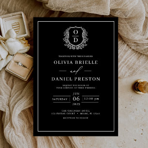 Invitation Noir blanc poitrine feuillu Monogramme Mariage élé