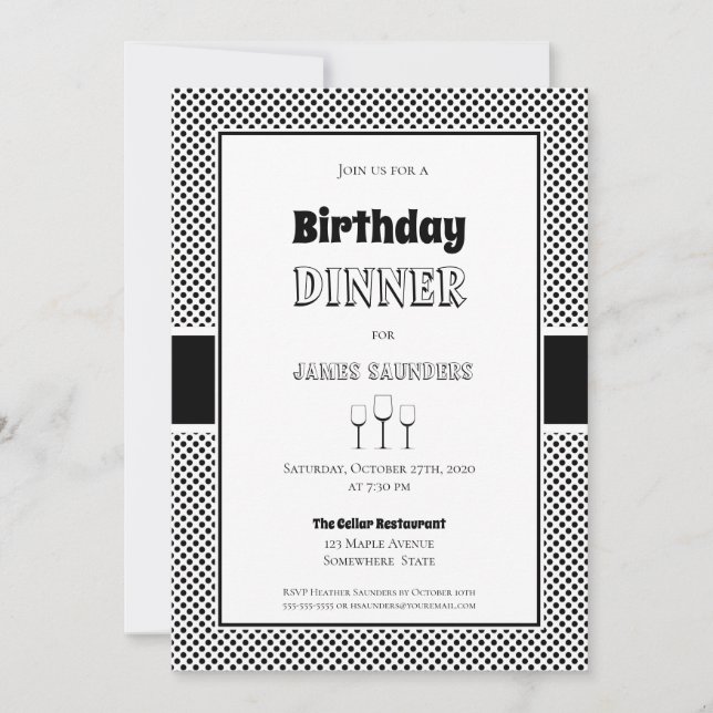Invitation Noir Blanc Polka Dot Anniversaire Dîner (Devant)