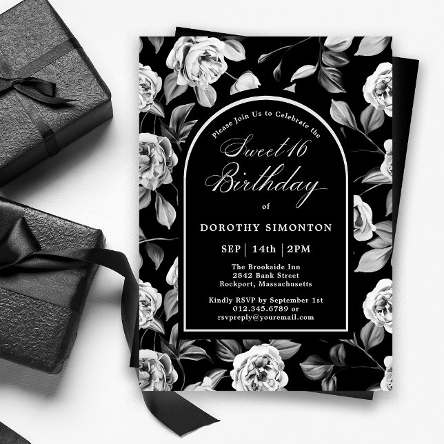 Invitation Noir Blanc Rose Floral Arch Sweet 16 Anniversaire (Créateur téléchargé)