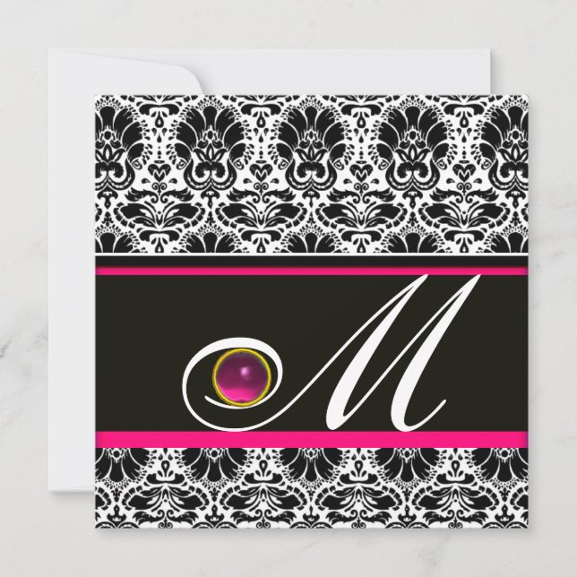 Invitation NOIR BLANC ROSE FUCHSIA  DAMAS MONOGRAMME Améthyst (Devant)