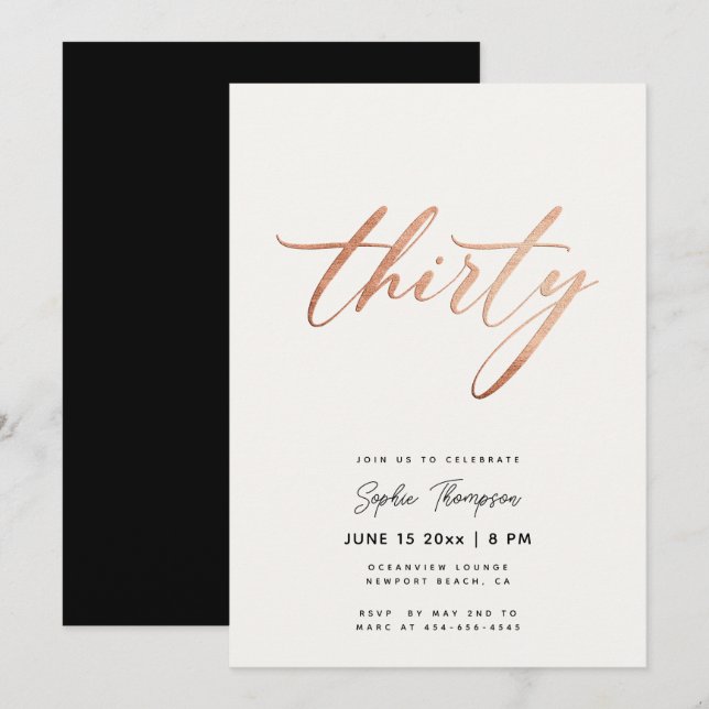 Invitation Noir Blanc Rose Gold Classy Élégant 30e anniversai (Devant / Derrière)