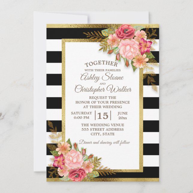 Invitation Noir blanc rose rouge Floral Mariage or (Devant)