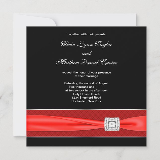 Invitation Noir Blanc Rouge Bow Noir Mariage (Devant)