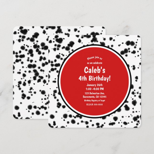 Invitation Noir Blanc Rouge Dalmatien Spots Anniversaire (Devant / Derrière)