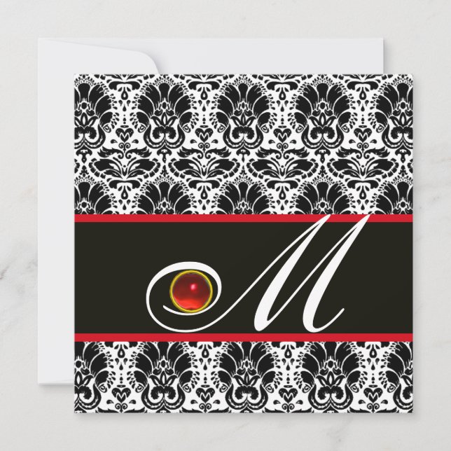 Invitation NOIR BLANC ROUGE DAMASSÉ MONOGRAMME Rubis (Devant)