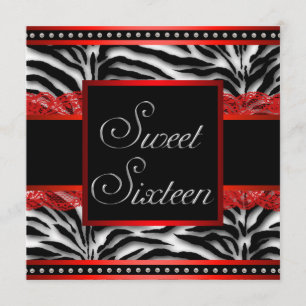 Invitation Noir Blanc Rouge Zèbre Sweet 16 Party