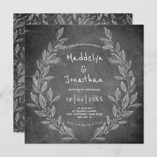 Invitation Noir Blanc Rustique Noir Floral Mariage (Devant / Derrière)