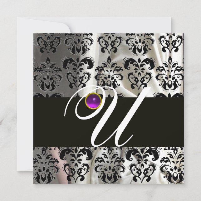 INVITATION NOIR BLANC SOIE DAMAS MONOGRAMME AMETHYSTE VIOLET (Devant)