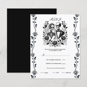 Invitation Noir Blanc Squelette Floral Rose Vin Mariage RSVP