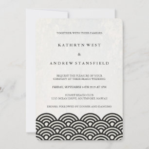 Invitation Noir + Blanc Stylisé Vagues Élégantes Mariage plag