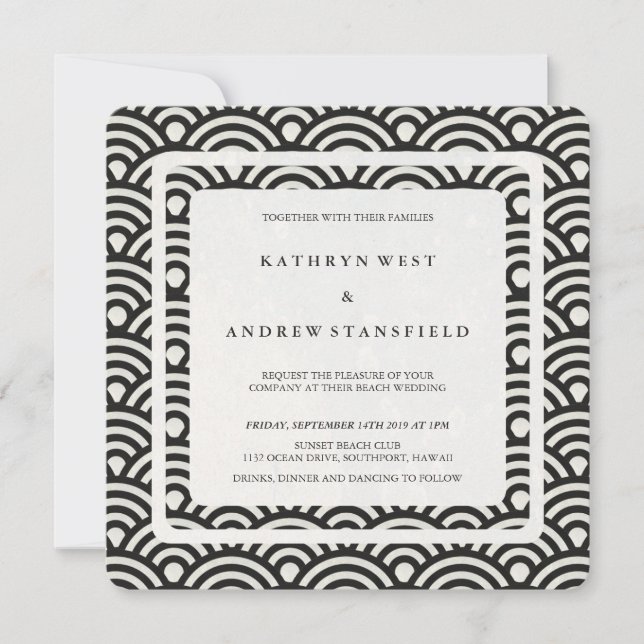 Invitation Noir + Blanc Stylisé Vagues Moderne Plage Mariage (Devant)