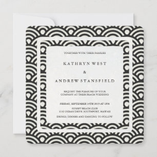 Invitation Noir + Blanc Stylisé Vagues Moderne Plage Mariage