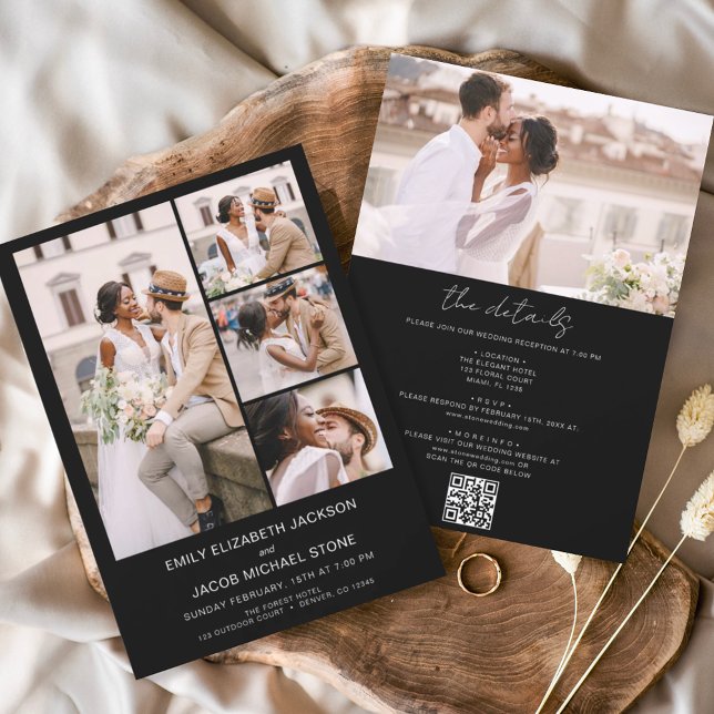 Invitation Noir blanc tout en un QR Code Mariage photo (Créateur téléchargé)
