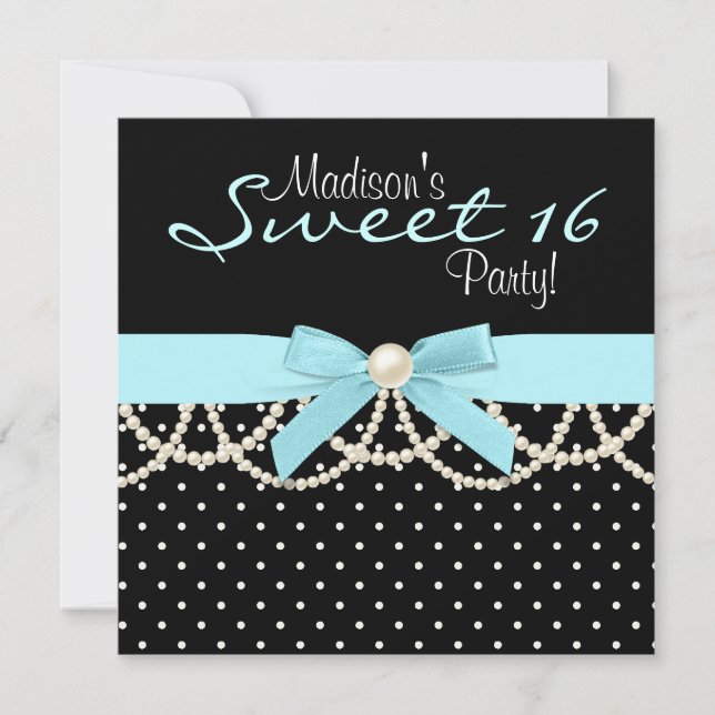 Invitation Noir Blanc Turquoise Bleu Doux 16 Anniversaire (Devant)