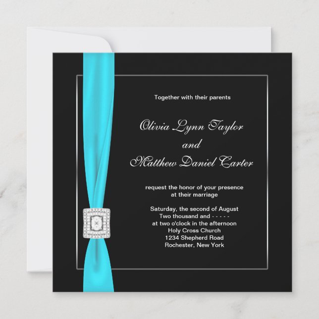 Invitation Noir Blanc Turquoise Bleu Turquoise Mariage Bow (Devant)