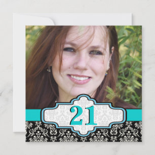 Invitation Noir blanc turquoise damask 21e anniversaire photo
