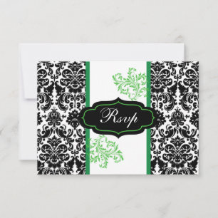 Invitation Noir, Blanc, Vert Damas Scroll Mariage RSVP