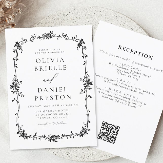 Invitation Noir blanc victorien français QR Code Mariage (Créateur téléchargé)