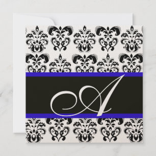 INVITATION NOIR, BLEU & BLANC CHAMPAGNE DAMASK MONOGRAM