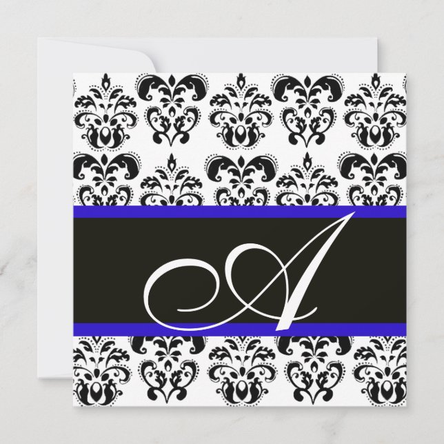 INVITATION NOIR, BLEU & BLANC DAMASK MONOGRAM (Devant)