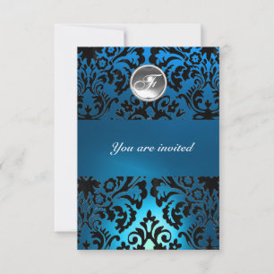 Invitation NOIR & BLEU DAMASK GEM PIERRE MONOGRAMME blanc