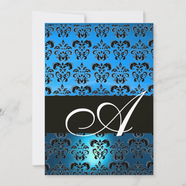 Invitation NOIR BLEU DAMASK MONOGRAM, blanc brillant (Devant)