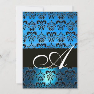 Invitation NOIR BLEU DAMASK MONOGRAM, blanc brillant