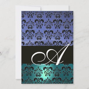Invitation NOIR BLEU DAMASK MONOGRAM, blanc brillant