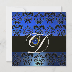 INVITATION NOIR BLEU DAMASK MONOGRAM SAPPHIRE CHAMPAGNE
