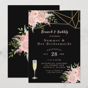 Invitation Noir Blush Pink Gold Floral Brunch et Bubbly