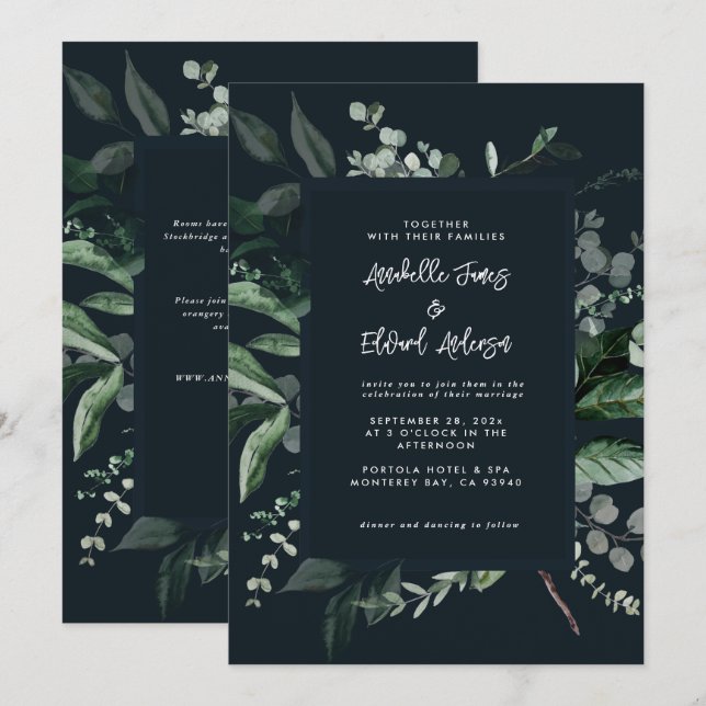 Invitation Noir botanique floral élégant détails de mariage Q (Devant / Derrière)