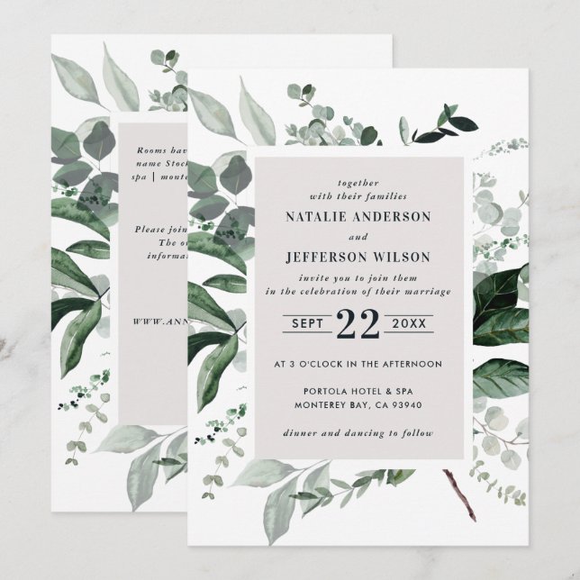 Invitation Noir botanique floral élégant détails de mariage Q (Devant / Derrière)