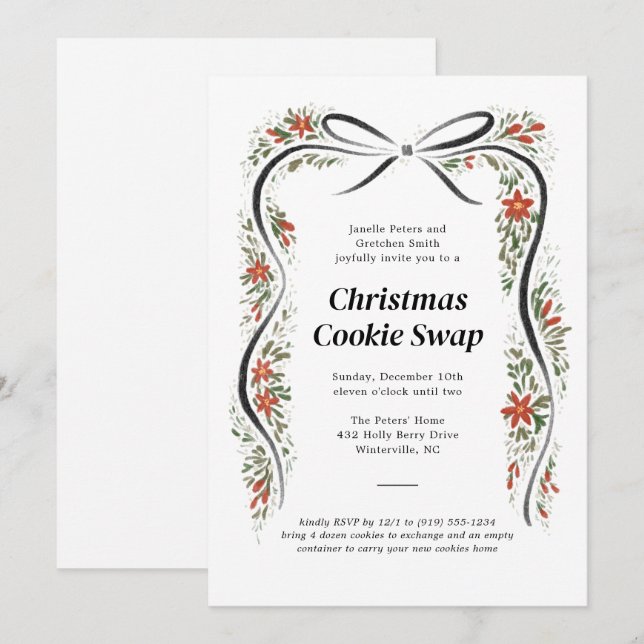 Invitation Noir Bow et Poinsettias Noël (Devant / Derrière)