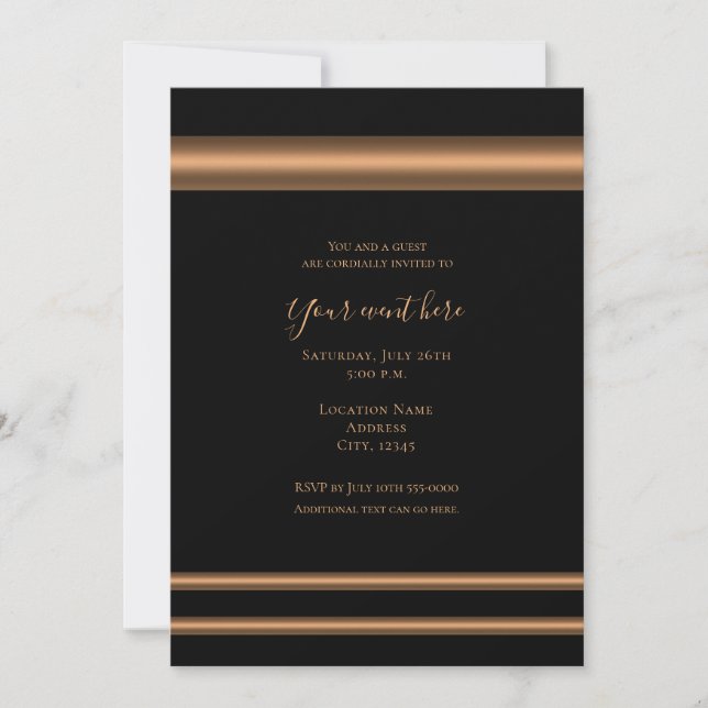 Invitation Noir Bronze Cuivre Élégant Dîner Fête Événement (Devant)