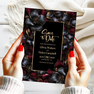 Invitation Noir Burgundy Grey Mariage floral Enregistrer la d