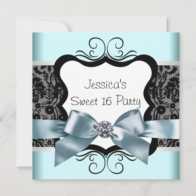 Invitation Noir Damas Turquoise Bleu Noir Doux 16 Anniversair (Devant)