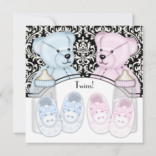 Invitation Noir Damask Rose bleu Teddy Ours Twin Baby shower (Devant)