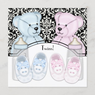 Invitation Noir Damask Rose bleu Teddy Ours Twin Baby shower