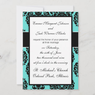 Invitation noir damassé élégance sur aqua bleu design
